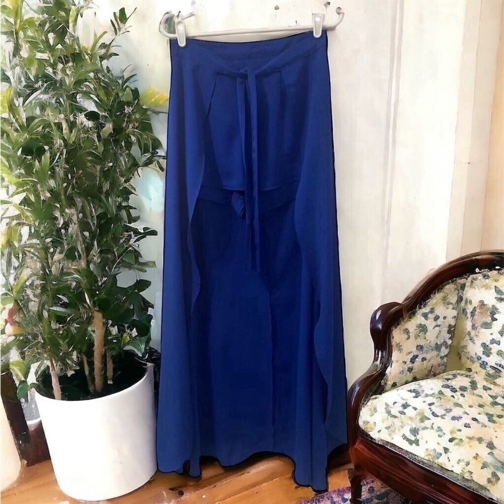 Privy Blue Asymmetrical Ruffle Belted Maxi Skirt M Open Front Wrap Tie Waist